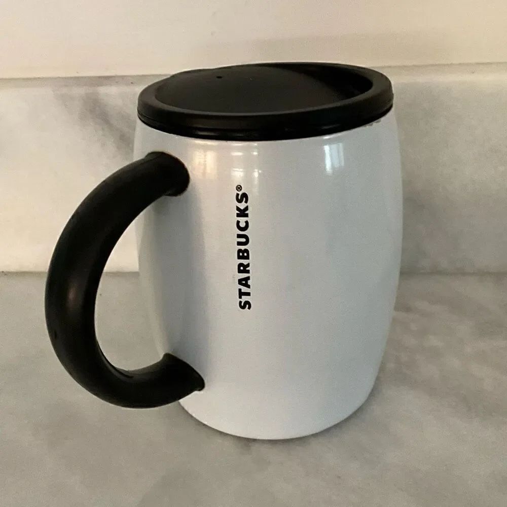 RARE Vintage 2013 Starbucks Stainless Steel White Pearlescent Mug with Lid, 14 f